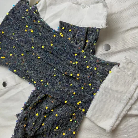 Sequin Patchwork Denim Jacket Oversized Shacket Women NEW - Picture 9 of 11